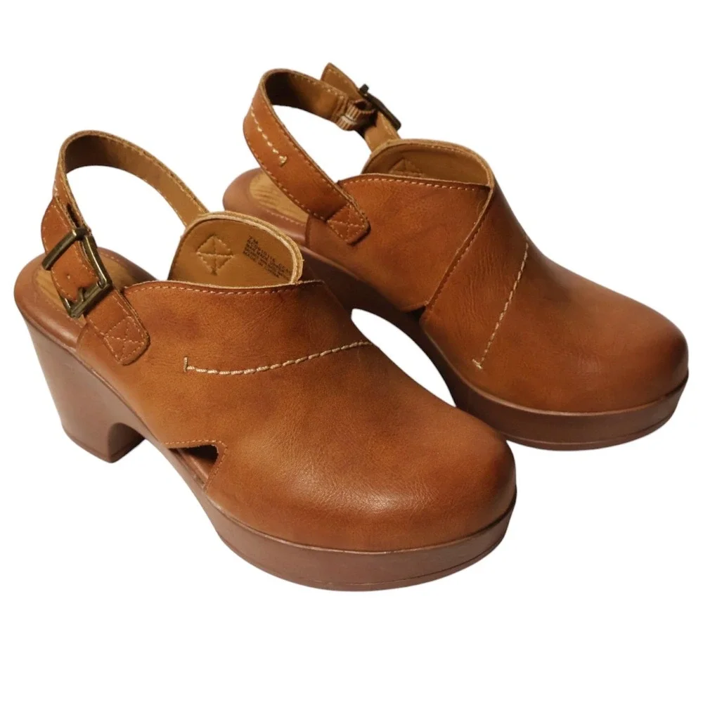 B.O.C. Tan Cognac Faux Leather Slingback Platform Clog Heels Size 7